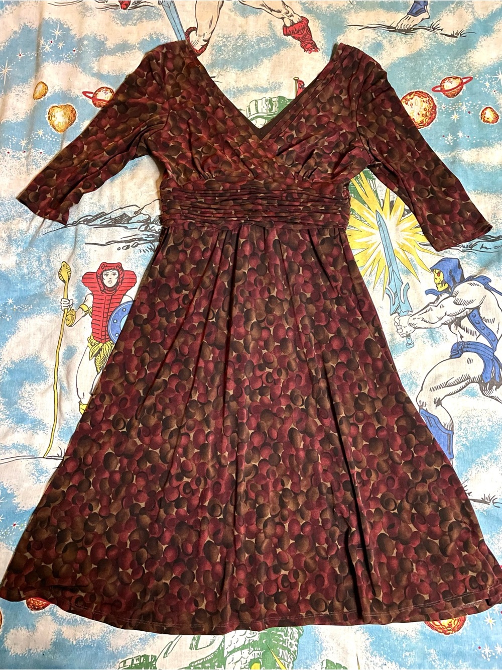 Sandra Darren Burgundy Brown & Olive Printed V-Neck 3/4 Midi Dress sz 12